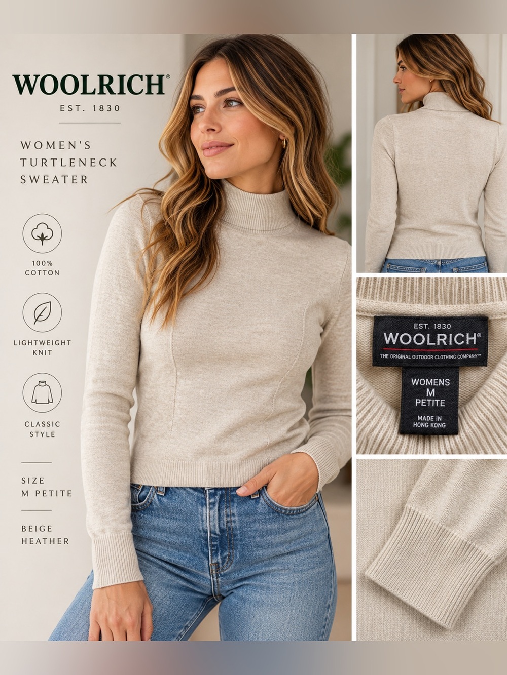 Woolrich Women’s M Petite Beige Cotton Turtleneck Sweater Vintage